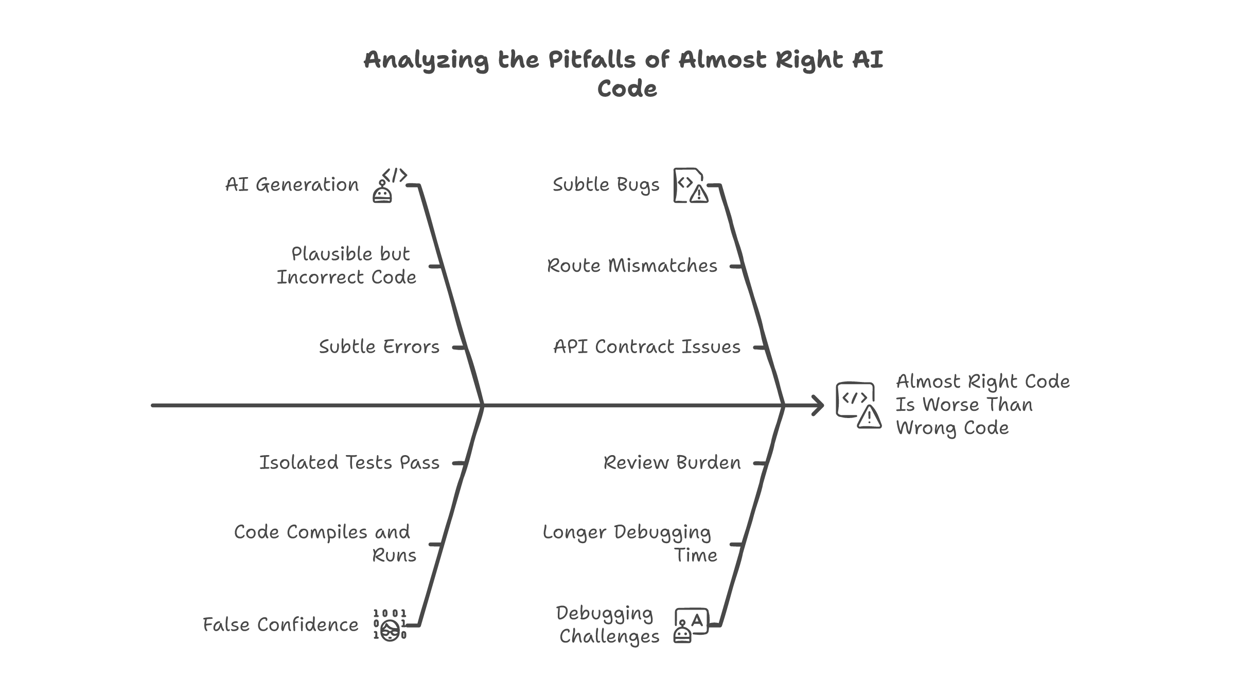 Analyzing the pitfalls of almost right AI code -- fishbone diagram showing how false confidence, subtle errors, and isolated tests lead to harder debugging