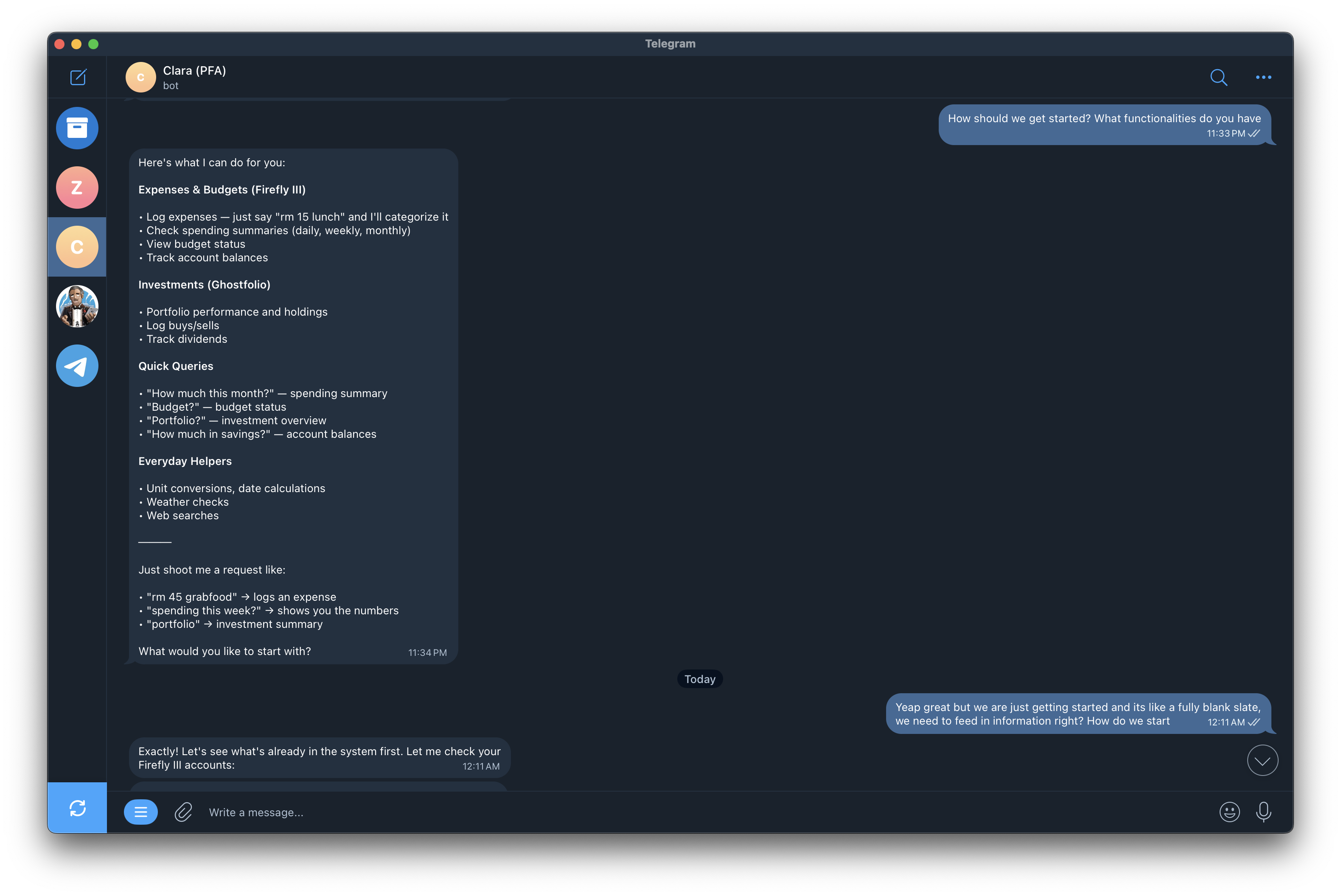 Clara's Telegram capabilities -- expense tracking, investment queries, budget status, all working smoothly on an open model